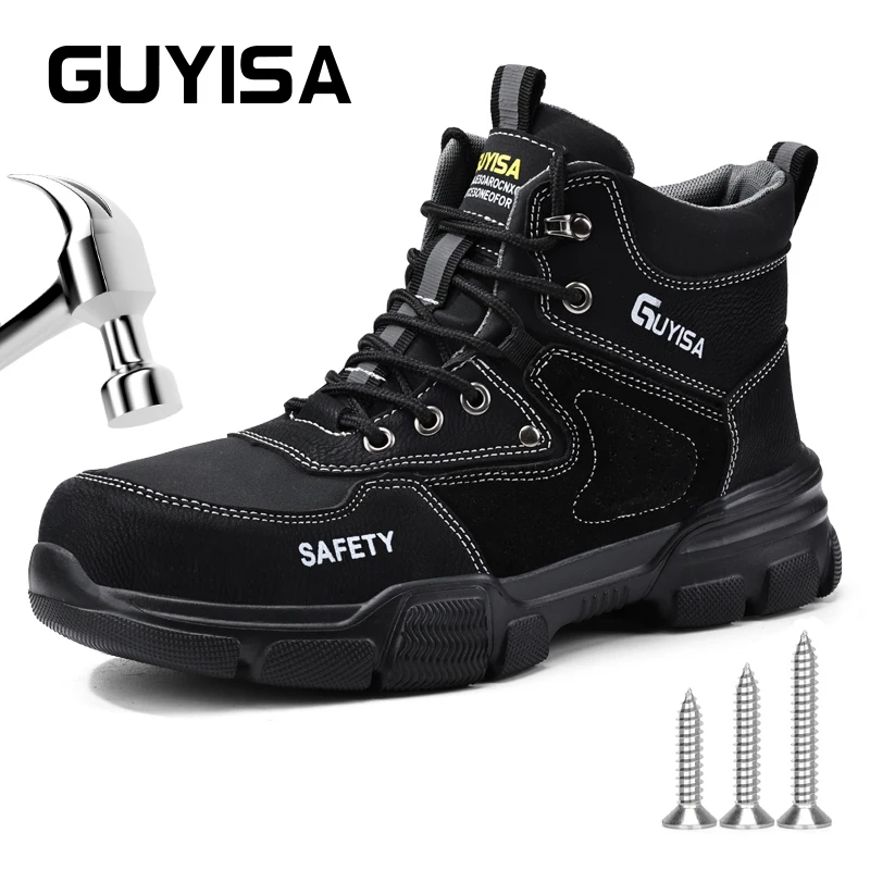 GUYISA Safety shoes Steel toe Ultra lightweight High cylinder Black Size 38-46 Anti smashing and anti stabbing safety boots