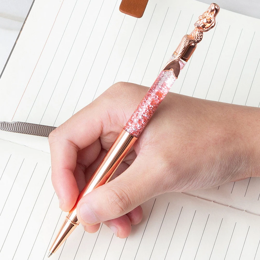 

2pcs Mermaid Shaped Metal Ballpoint Pens Rose Gold Liquid Sand Decor Twist Pen Portable Signature Writing Supply Advertising
