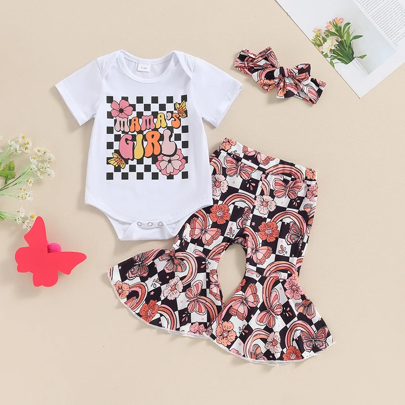 

Mamas Girl Baby Clothes Newborn Outfit Short Sleeve Romper Bell-Bottoms Pants Summer Infant Mother s Day Outfits