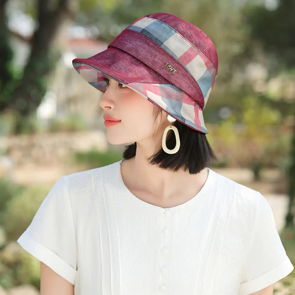 Fashion Womens Bucket Hat Plaid Pattern Sunshade Fisherman Cap Spring Summer Outdoor Travel Breathable Adjustable Sun Visor