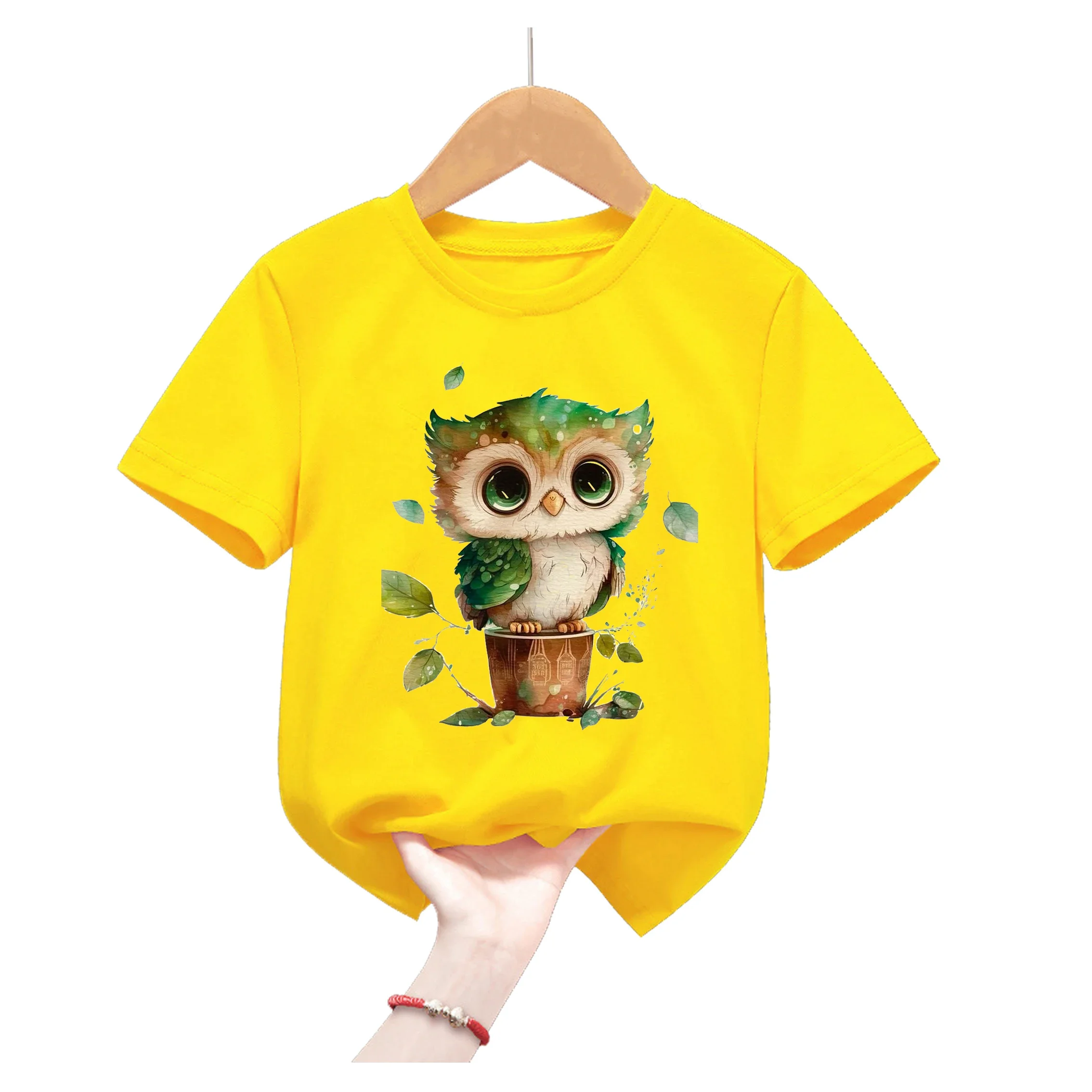 Cute Owls Love Printed Yellow T Shirt For Girls/Boys Kawaii Bird Flowers Kids Clothes Summer Short Sleeve T-Shirt Harajuku Shirt