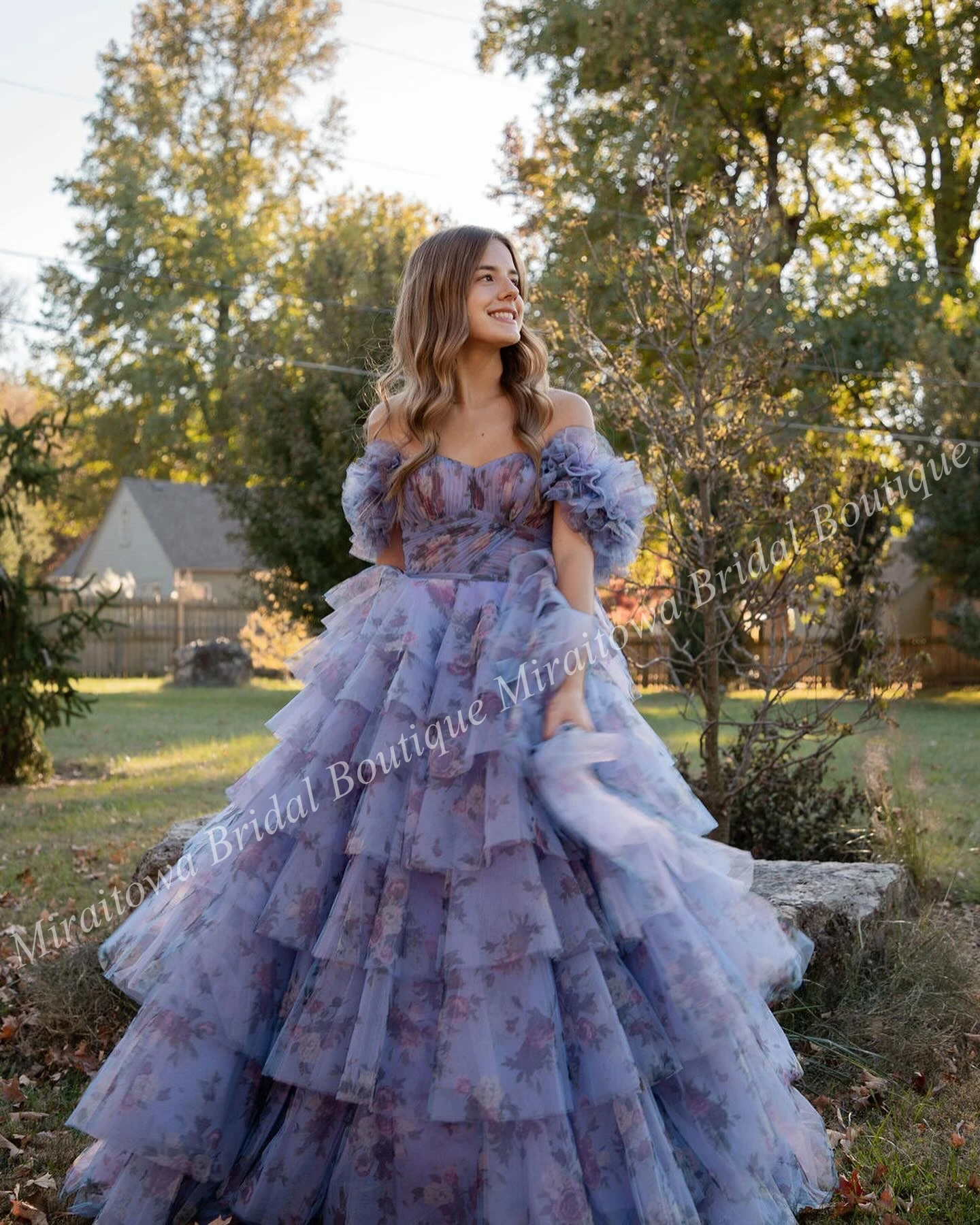 Floral Print Formal Party Dress 2k24 Detachable Sleeves Pattered Ruffle Tulle Lady Pageant Senior Prom Gala Evening Event Gown