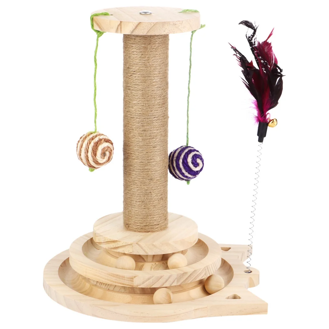 Kitten Sisal Scratcher Toy Cat Scratching Post With Hanging Balls Cat Toy With Two-Tier Tracks Wooden Cat Toy For Indoor Cats