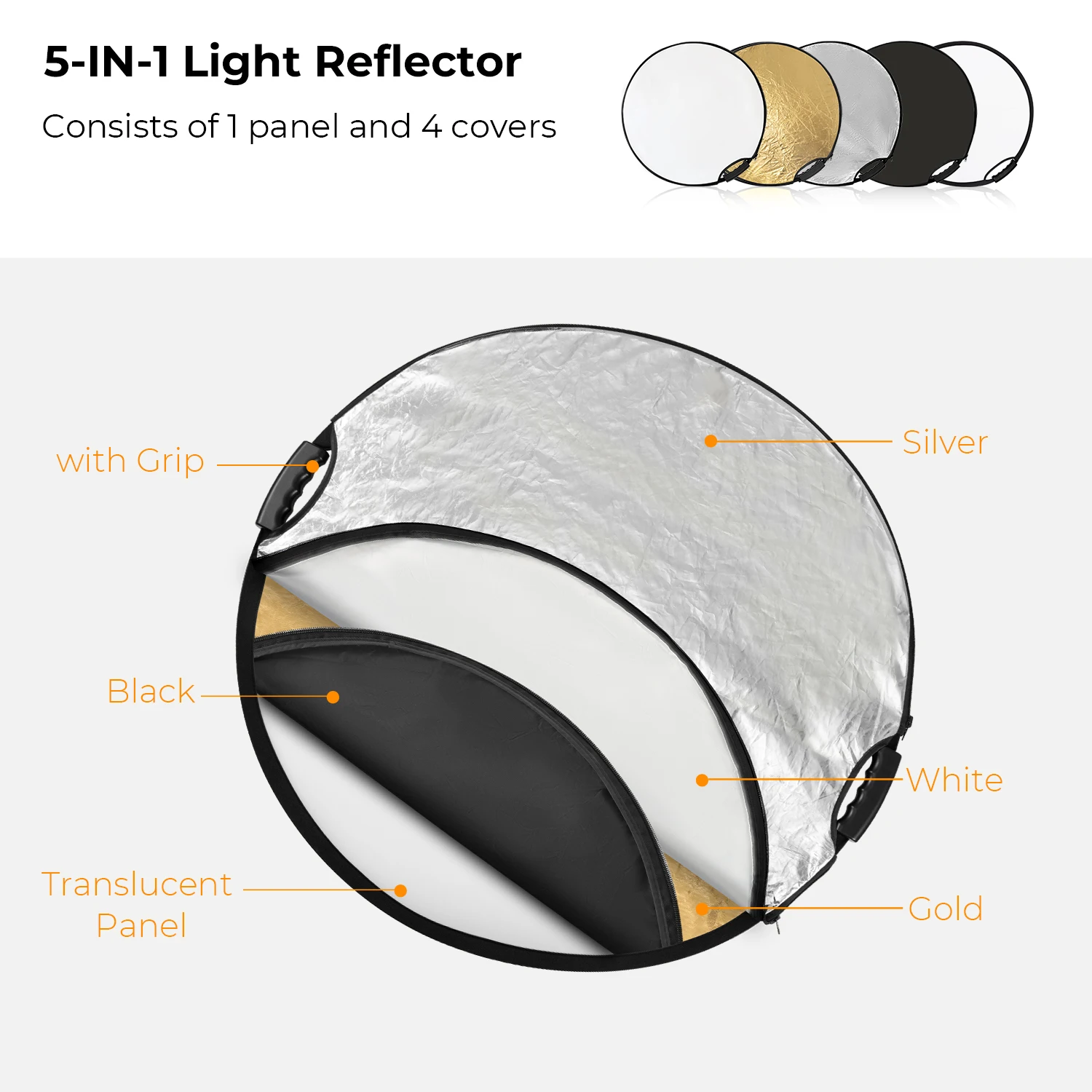 K&F CONCEPT 60-110mm 5-in-1 Circular Reflector with Handle Gold Silver Black White Translucent Soft Light Panel Portrait Outdoor