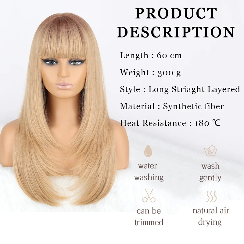 WERD Synthetic Long Straight Wig With Bangs For Women Heat Resistant Fiber Wigs Blonde Natural Hair Cosplay Daily Party Wigs