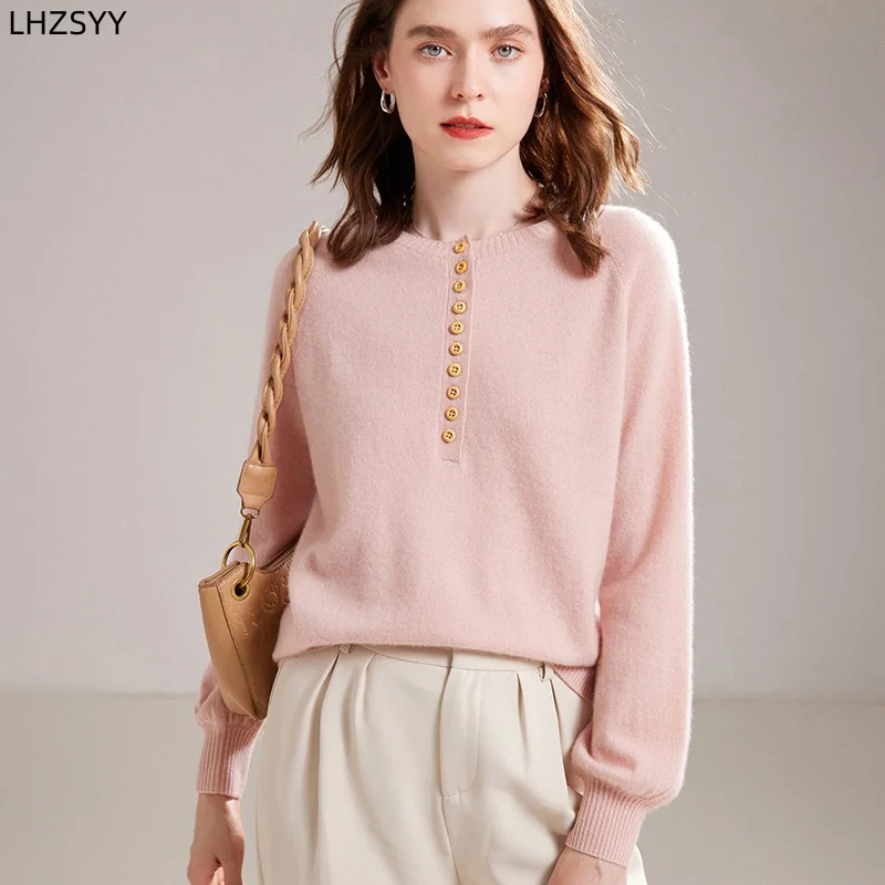 LHZSYY 100%Pure Goat Cashmere Sweater Ladies New Bubble Sleeve Pullover Buttons High-end Knit Base Shirt Autumn Joker Loose Tops