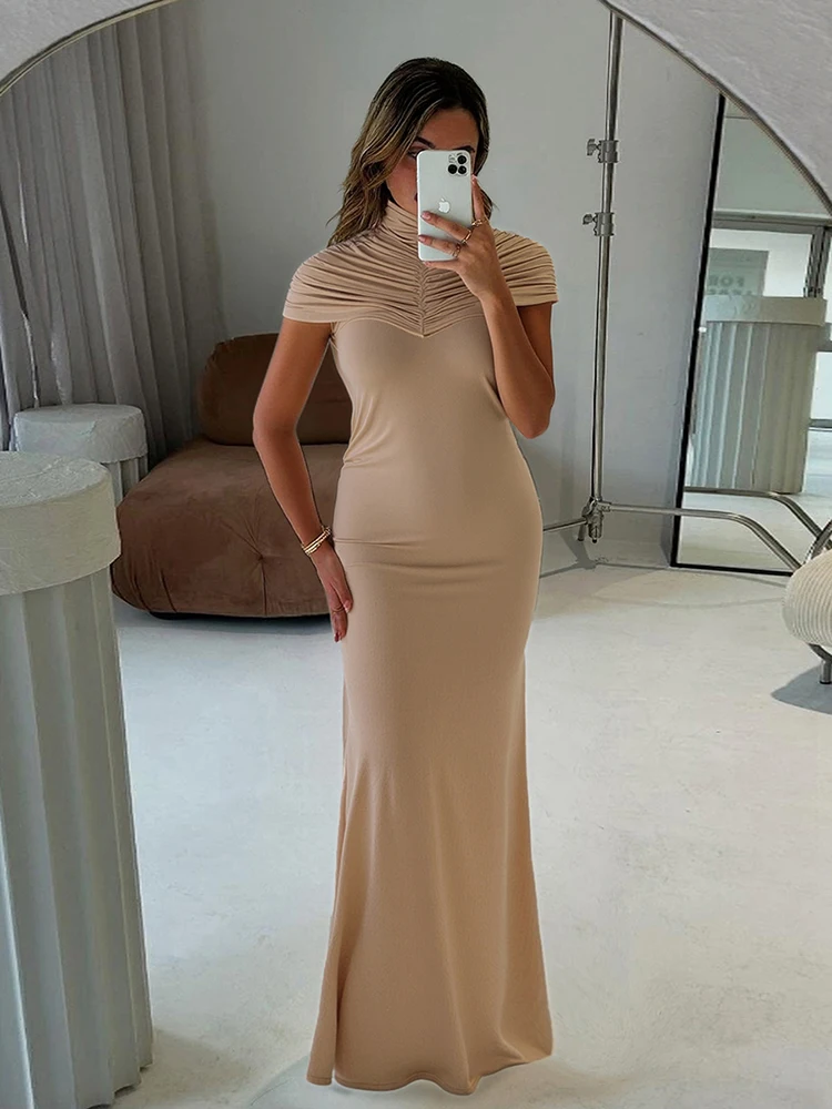 

Длинные платья Nibber с высокой талией и рюшами, женская водолазка с коротким рукавом, облегающий халат, полночная мода, банкетная вечеринка, элегантные платья