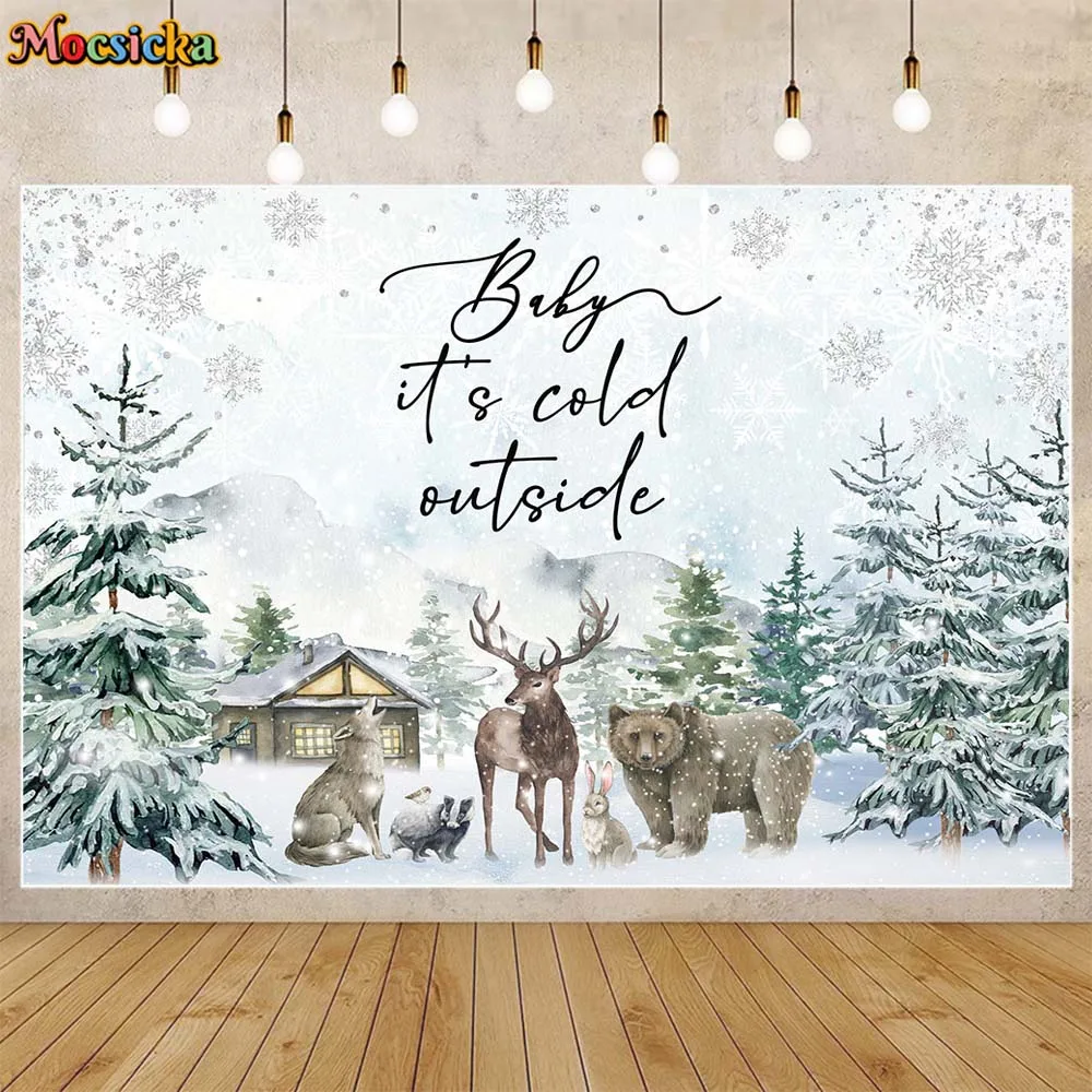 

Mocsicka Baby It's Cold Outside Backdrop Winter Snowy Forest Animals Snowflake Newborn Photography Background Party Decor Banner