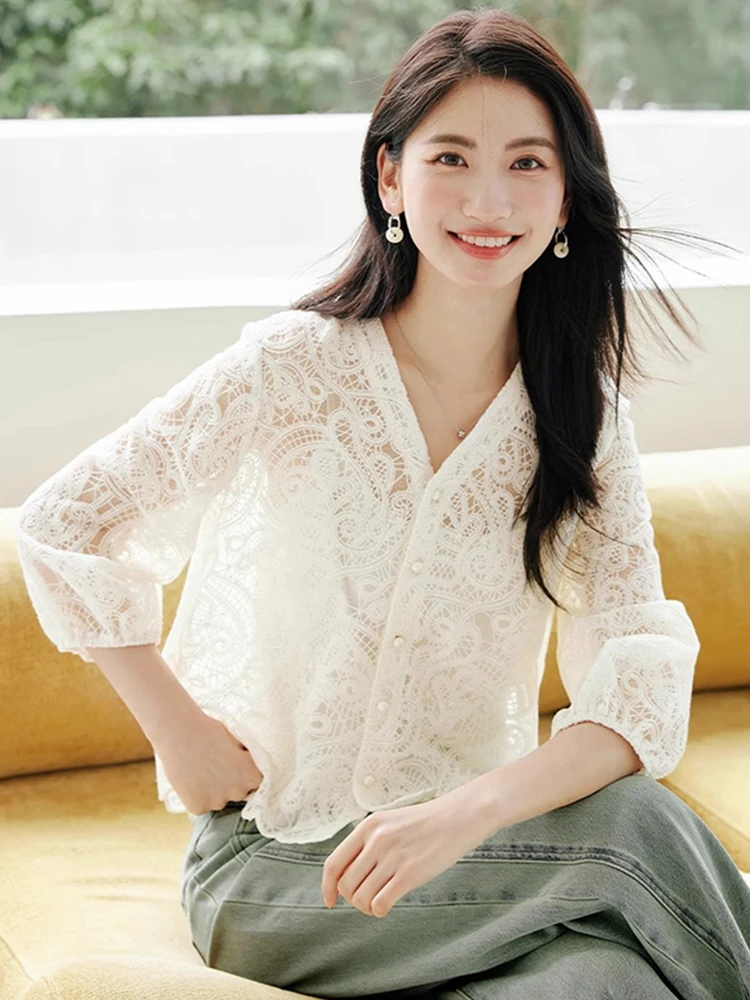 Elegant Hollow out V-Neck Seven Sleeve Lace Hook Shirt Slimming Single Button Chic Top Commute Style Loose Fit Fashionable Su...