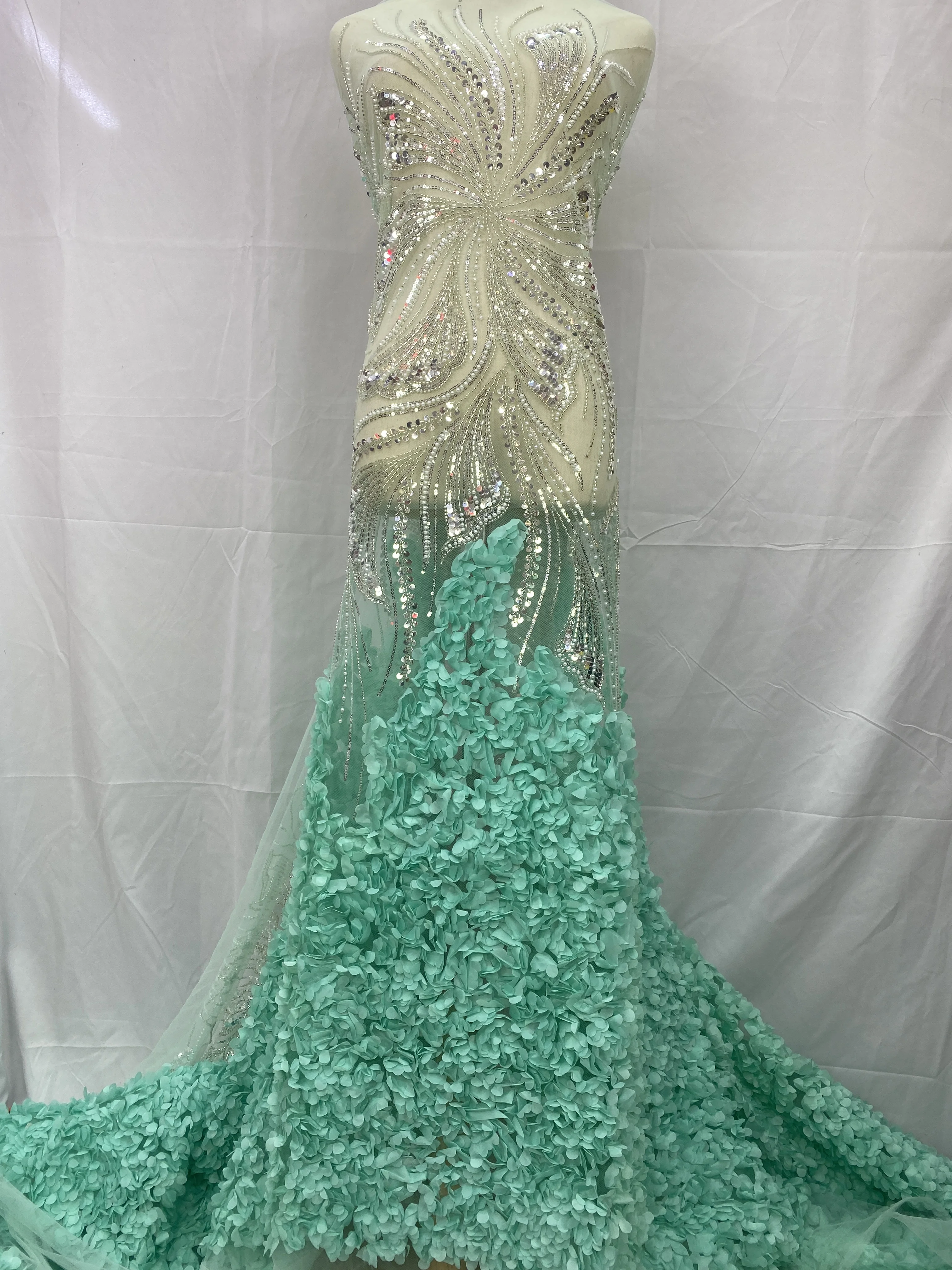 

2025 Luxury 3D Lace Fabric Dubai Hand Beaded Tulle Lace Fabric Embroidered African Nigerian Fabric For Sewing