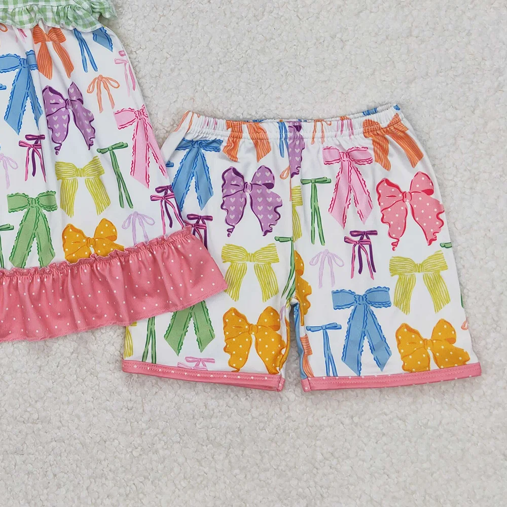 GSSO2089 Baby Girls Colorful Bows Tunic Top Ruffle Shorts Clothes Sets