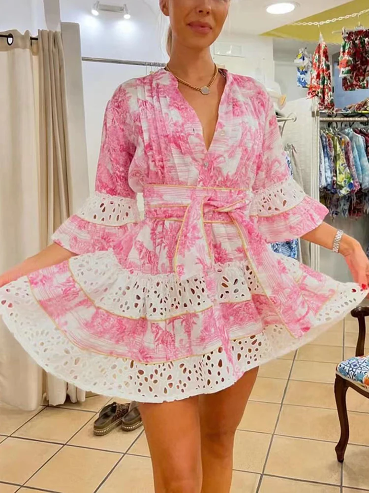 ROMISS Hit Color Short Dresses For Women Stand Collat Long Sleeve High Waist Patchwork Lace Up Hollow Out Print Dress Female