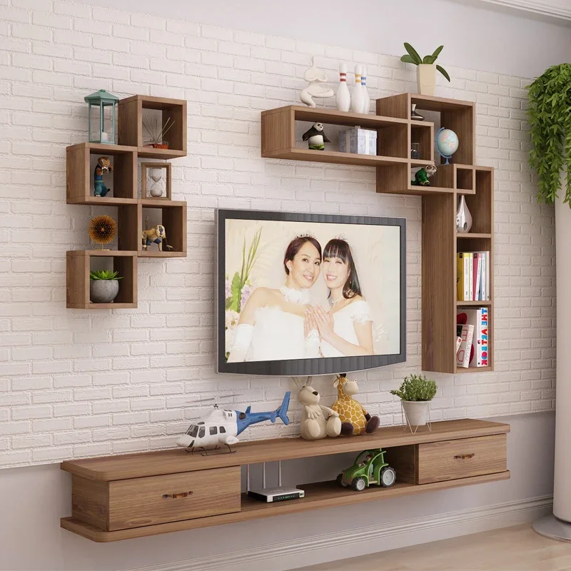 #Solid wood wall rack, wall-mounted TV cabinet combination, living room TV background wall decorative rack, storage cabinet