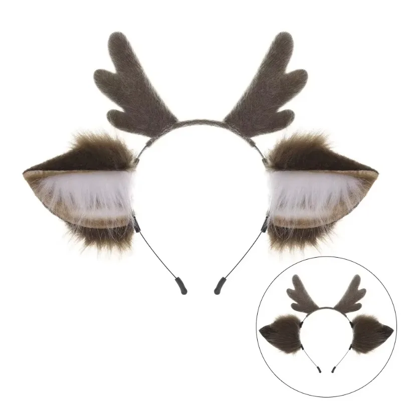 Winter Cute Faux Plush Ear Antler Headband Cosplay Handmade Christmas Accessories Performance Party Hair Ornaments