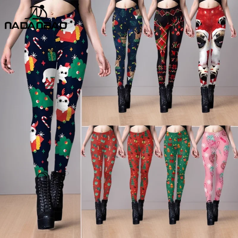 Nsdanbao المرأة عيد الميلاد طماق القط الكلب الرنة شجرة عيد الميلاد السراويل منتصف الخصر جوارب مثيرة عطلة السراويل الموضة الطرف #3