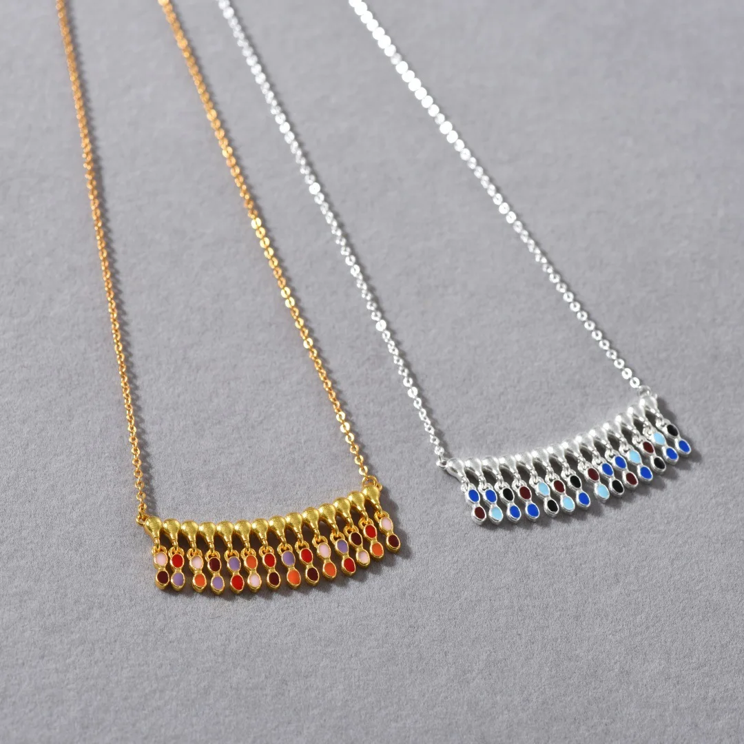 

Bohemian Colorful Enamel Tassel Necklace，18K Gold Plated Copper Trendy Collarbone Chain, Fashion Statement Jewelry for Women