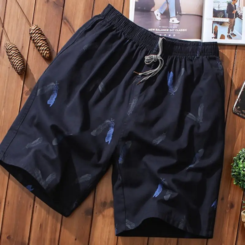 Summer New Cotton Shorts Men Breathable Thin Feather Print Pocket Elastic Waist Korean Loose Casual Sports Beach Short Pants 5XL