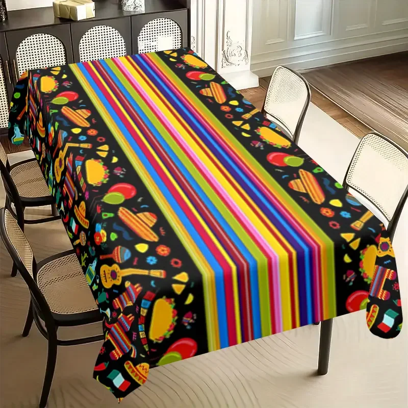 

Mexican Sombreros Cactus Striped Tablecloth Fiesta Party Decor Mexico Day of The Dead Rectangle Table Cloths Kitchen Table Decor
