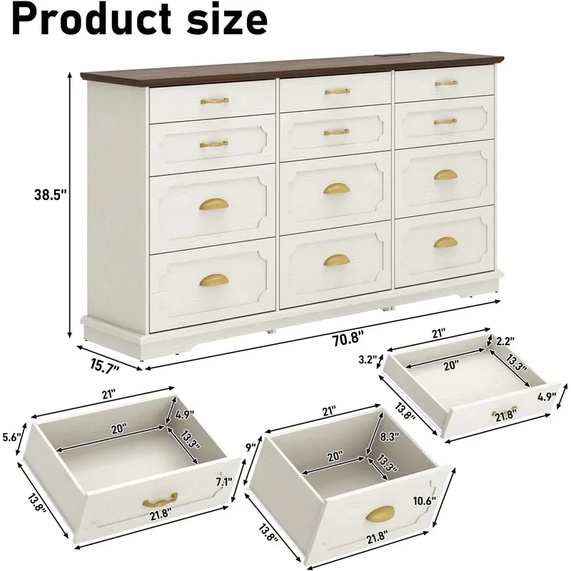 70inch Large Long Dresser w/Charging Station 12 Drawer Dresser w/Deep Big Drawers Wooden Chest of Drawers w/Power Outlet