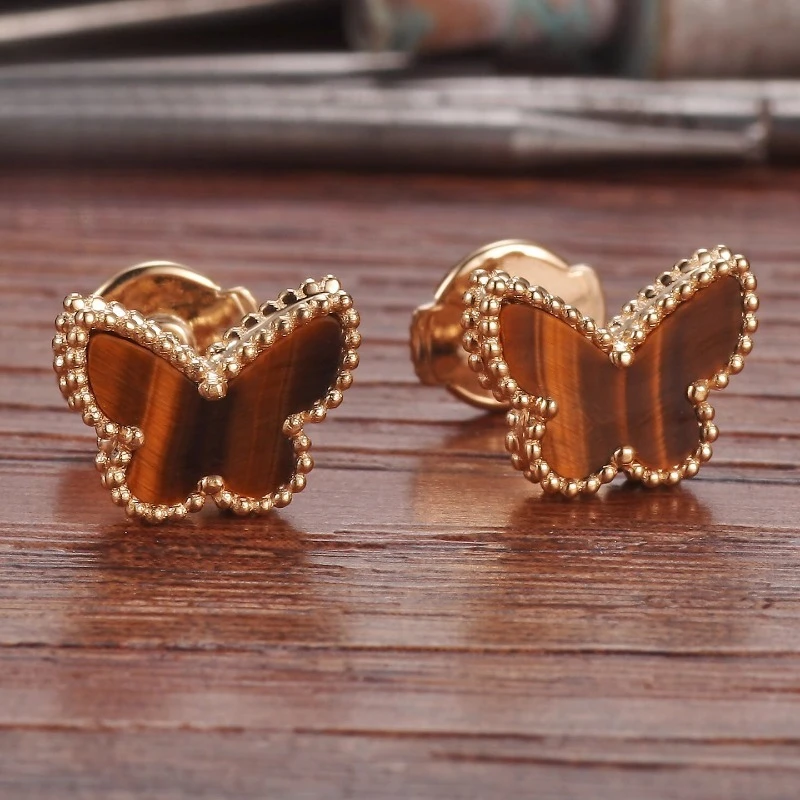 

Butterfly bead edge stud earrings 18K gold colored gold rose gold tiger's eye earrings women's earrings