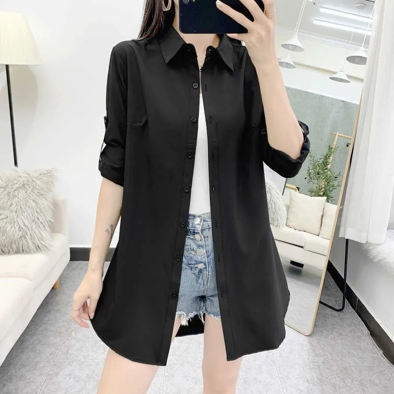 Spring Summer Women Shirt Oversize Elegant Blouses for Women Long Sleeve Red Shirt Mid-length Shir Coat Women Tunic NS5566