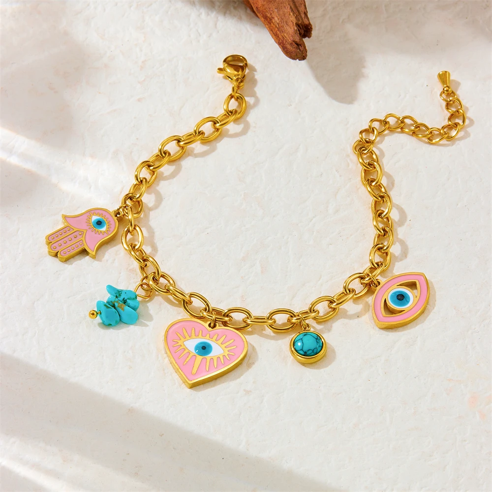 Stainless Steel Pink Enamel Heart The Evil Eye Turquoise Pendant Bracelet Lady Fashion Waterproof Jewelry
