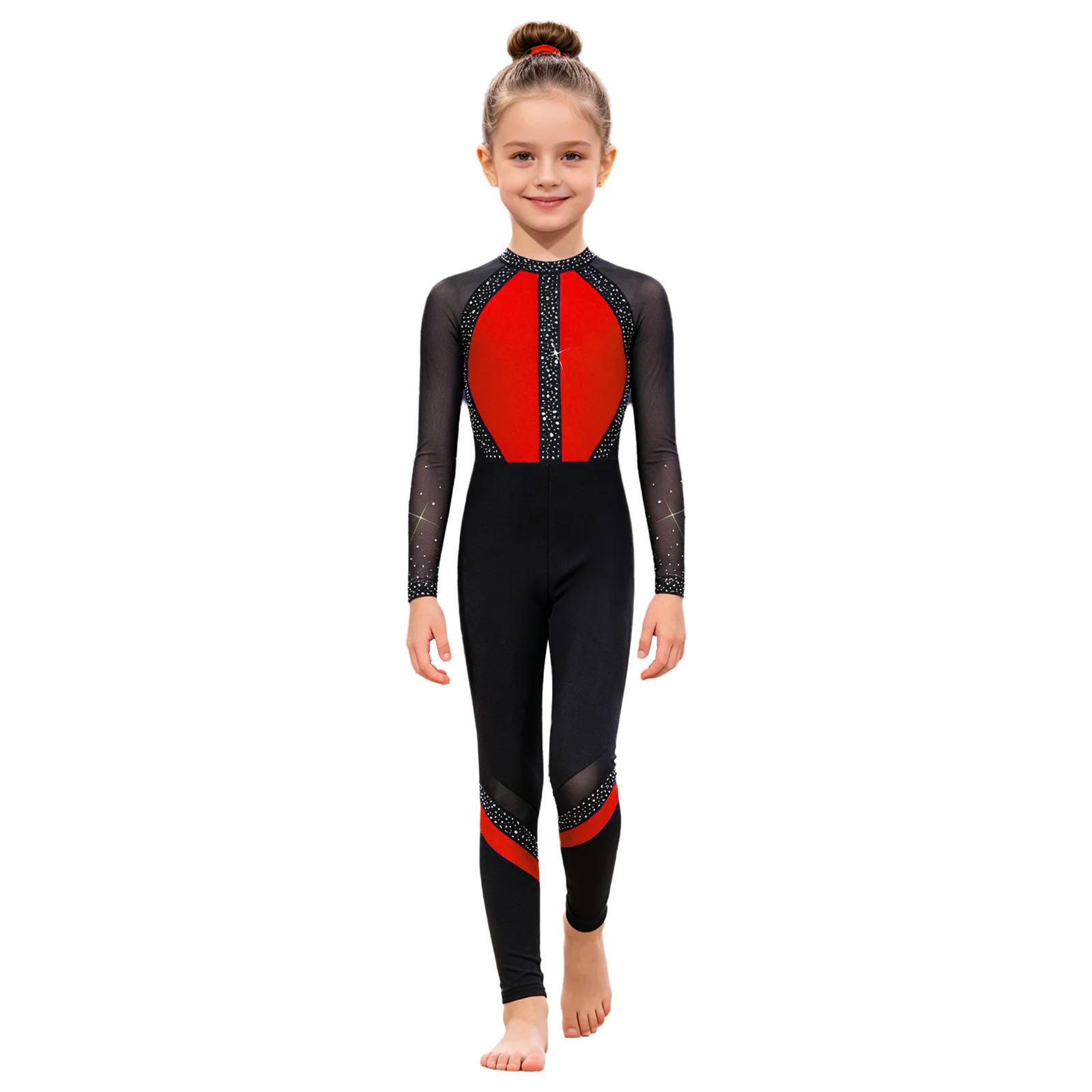 Girls Ballet Dance Gymnastics Leotard Long Sleeve Mesh Rhinestones Full Body Unitards Skating Acrobatics Yoga Training Jumpsuit
