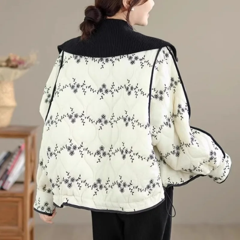 2025 الشتاء الرجعية الأزهار متماسكة التلبيب سترة قطن فضفاضة للنساء ملابس خارجية دافئة غير رسمية معطف قمة الموضة الأنيقة W1608 #4