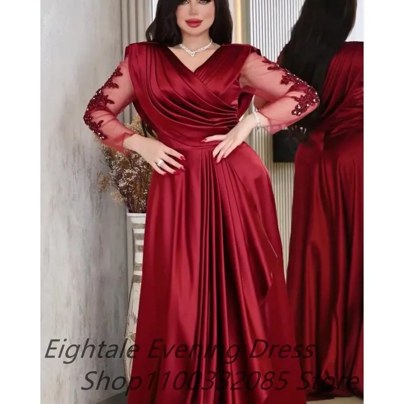 Eightale 2023 Dubai Satin A Line Evening Dress V Neck Long Sleeve kaftan Floor Length Beaded Prom Dress Dubai Party Customized