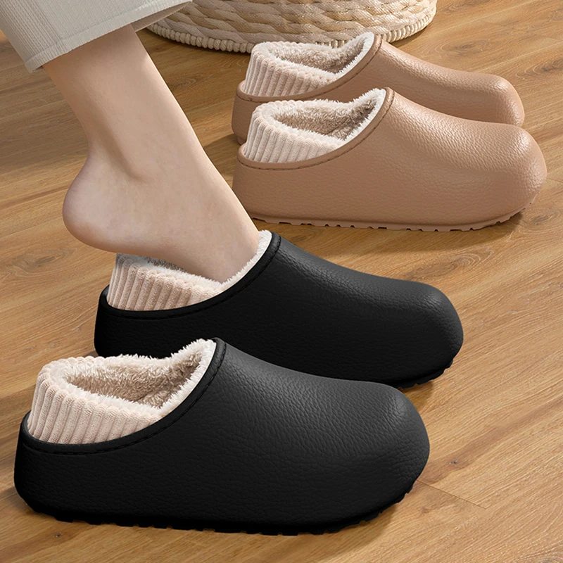 

Зимние непромокаемые хлопковые тапочки, женские уличные парные нескользящие пушистые шлепанцы, женская сумка на толстой подошве, теплые плюшевые тапочки на каблуке