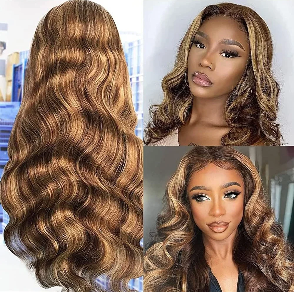 

Highlight Body Wave 13x4 13x6 HD Transparent Lace Front Human Hair Wigs Frontal 100%Natural Brazilian P4/27 Color Wigs