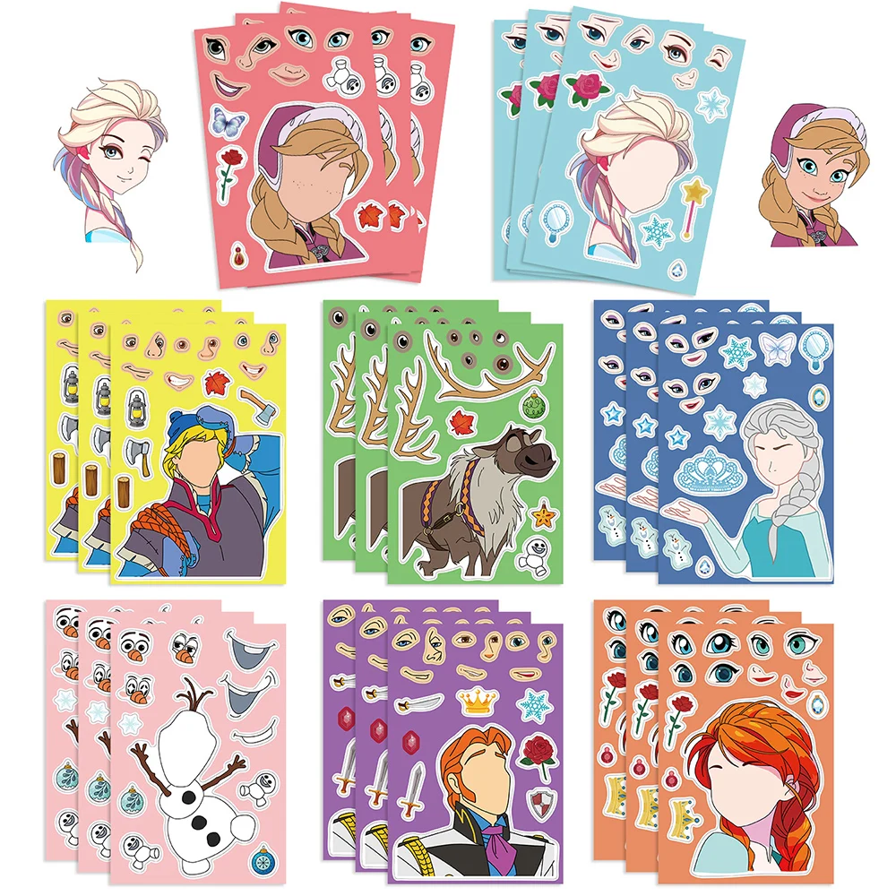 

8/16sheets Disney Anime Frozen Puzzle Stickers Make A Face Princess Anna Elsa Children Funny Cartoon Decals Assemble Jigsaw Toys