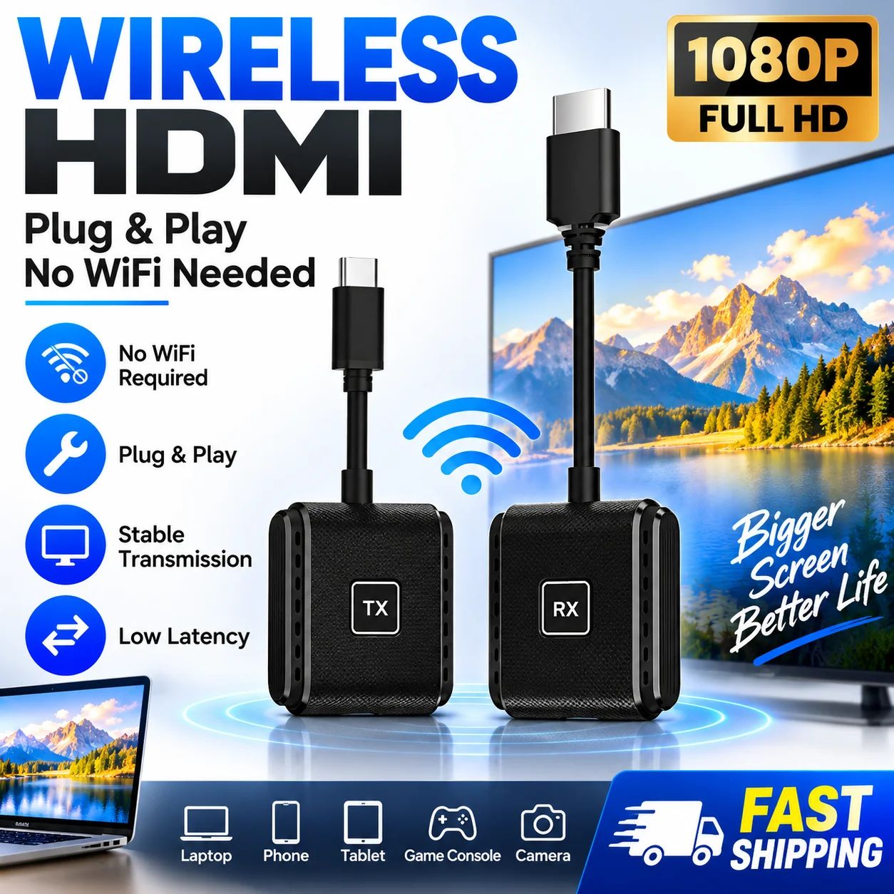 Wireless HDMI Transmitter Receiver Kit Type-C TX to HDMI RX, 1080P Low Latency Wireless HDMI Extender, Plug and Play Video Audio