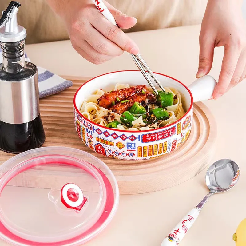 

Single Handle Household Baking Rice Bowl Oven Breakfast Instant Noodle Bowl Tableware Ceramic Salad Bowl with Lid Home Decor