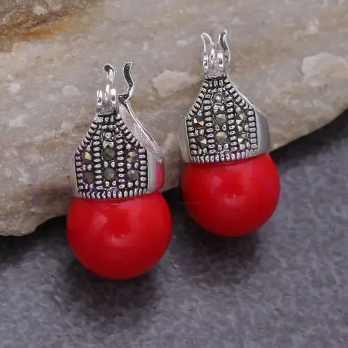 

Whosale rond rouge sterling-silver perles Vintage crochets boucles d'oreilles