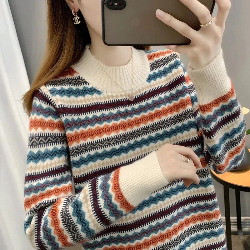 Half high collar women\'s sweater Autumn winter 2025 new loose pullover sweaters warm thicken stripe vintage ethnic style knitwea