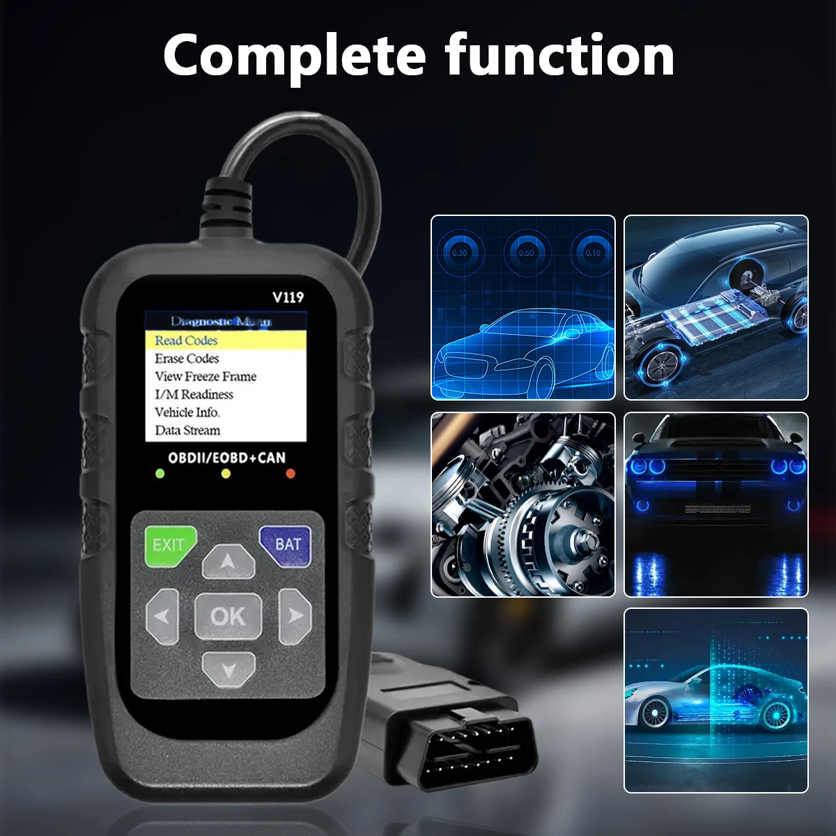 Outil de diagnostic de voiture V119 Scanner OBD2 avec test de tension de données en direct et alimentation USB pour tous les véhicules EOBD/CAN (lecture/code clairs)