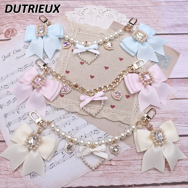 

Lolita Japanese Style Sweet Cute Lady Key Chains Beaded Pearl Bow Rhinestone Love Pendant Bag Accessories for Women Fashion