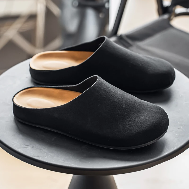 Leather Half Shoes for Men Mules Platform Backless Loafers Slippers Summer Open-back Casual Shoes Slides Sandal Slip On Flats