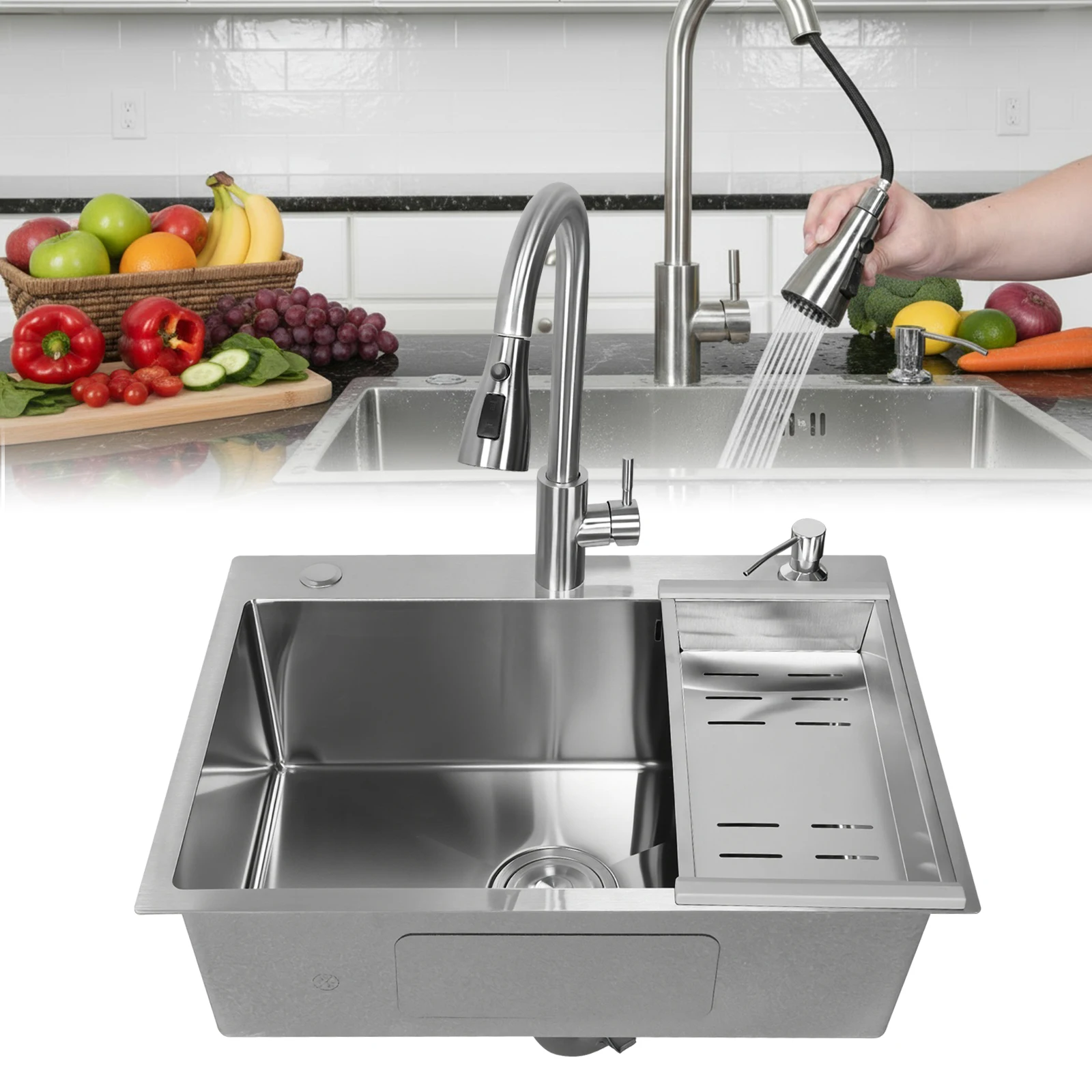 

Single Bowl Kitchen Sink Drop-In Multifunctional Sink with Faucet and Multiple Accessories for Laundry Room Bathroom Farmhouse