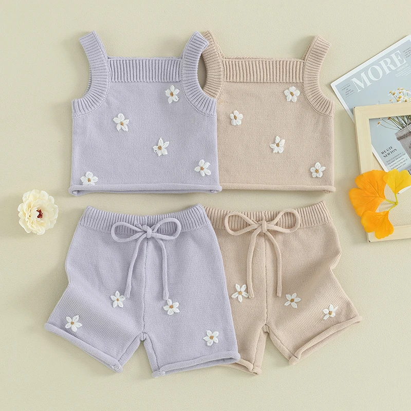 Toddler Baby Girl 2Pcs Outfit Summer Floral Sleeveless Knitted Tank Camisole Top Elastic Drawstring Shorts Set Boho Kids Clothes