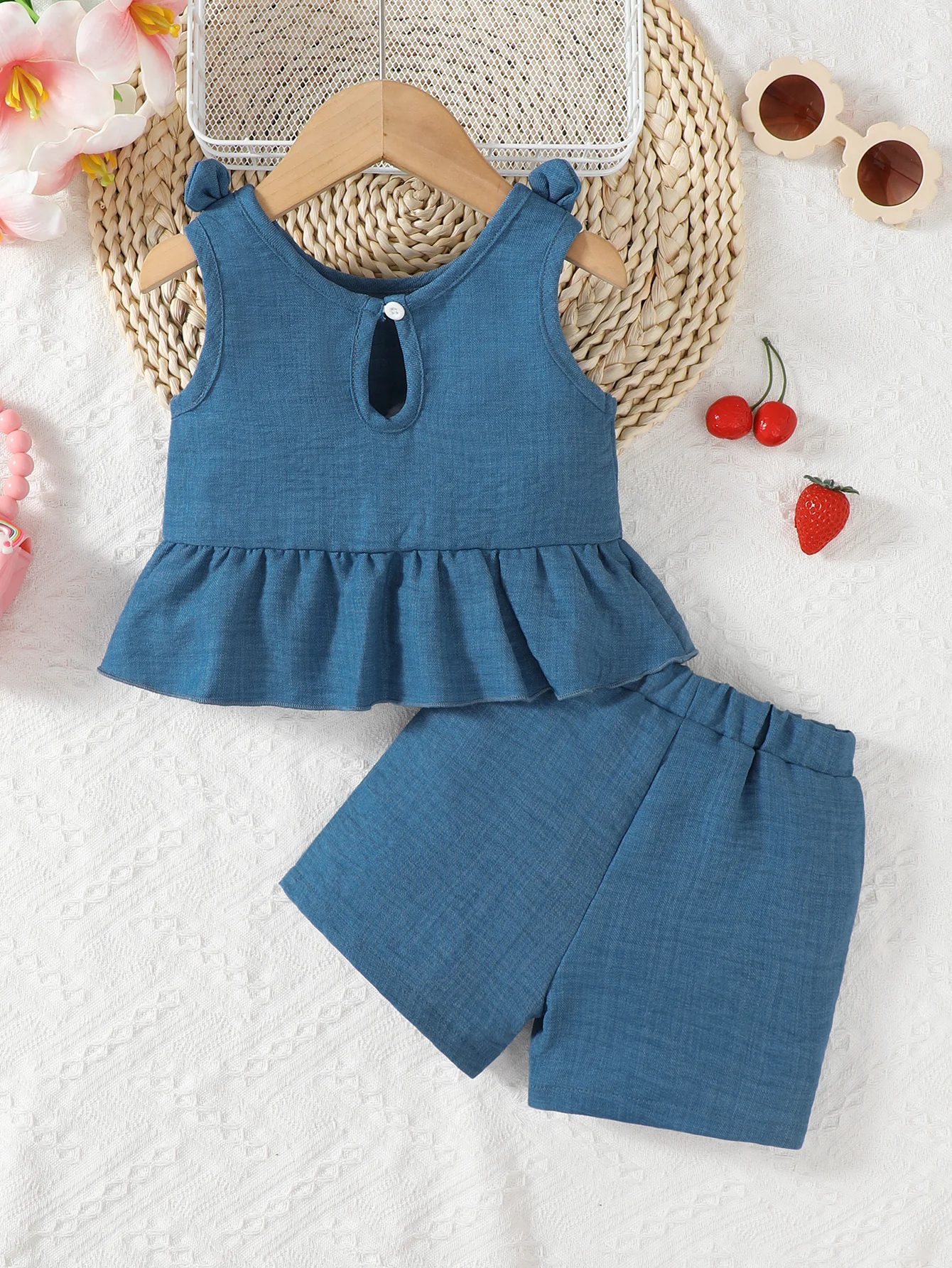 Fashion Summer Baby Girl 2PCS Outfit Cherry Print Sleevlesse Top + Lace Trim Denim Style Shorts for 0-3Y Newborn Casual Clothes