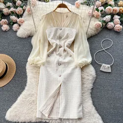 Sexy Patchwork V Neck Lantern Long Sleeve Split Dress Chic Elegant Vestidos Vintage Autumn Women Korean Fashion Hip Wrap Dress