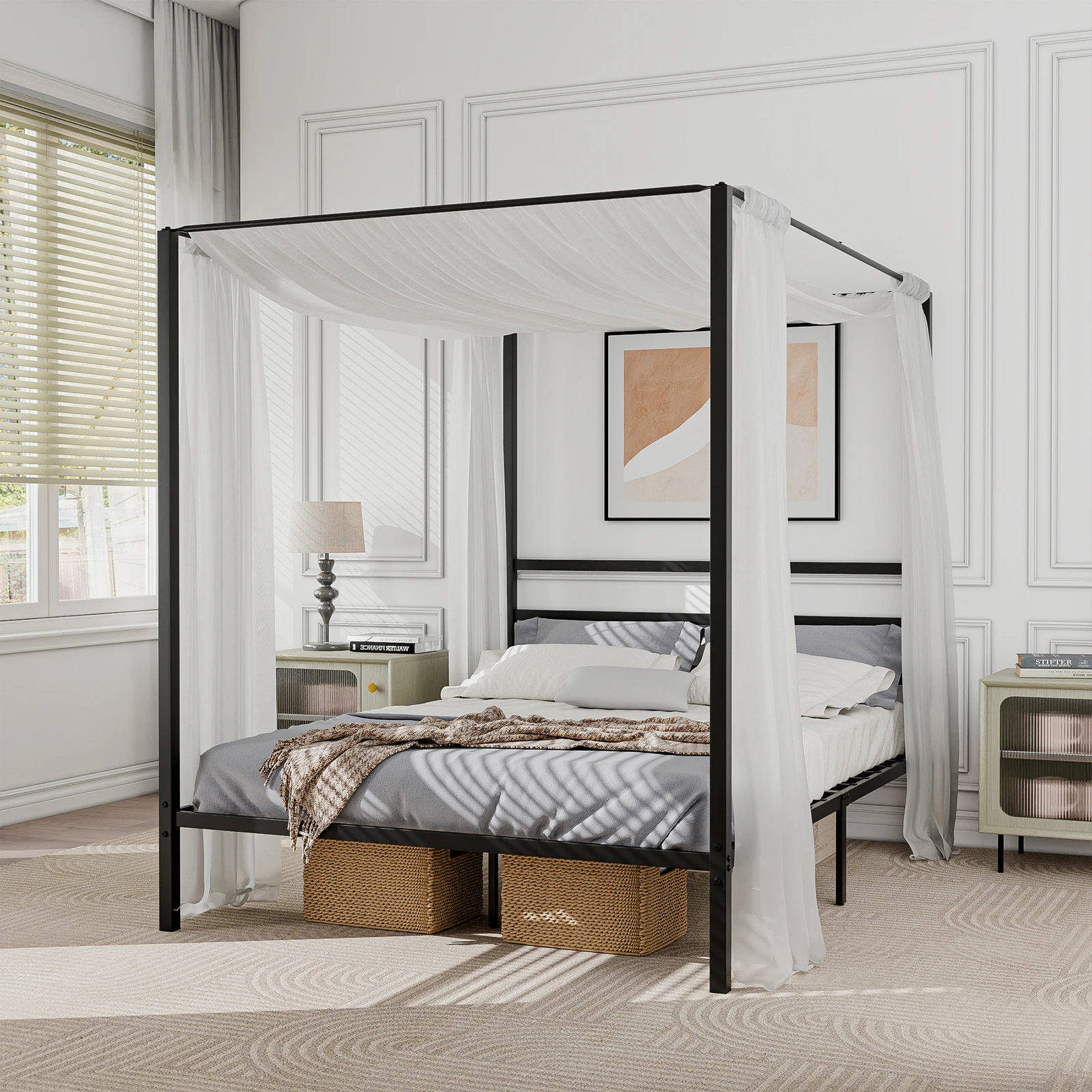 إطار سرير بمظلة بحجم كوين مع شريحة معدنية لسرير اللوح الأمامي لا حاجة إلى صندوق زنبركي