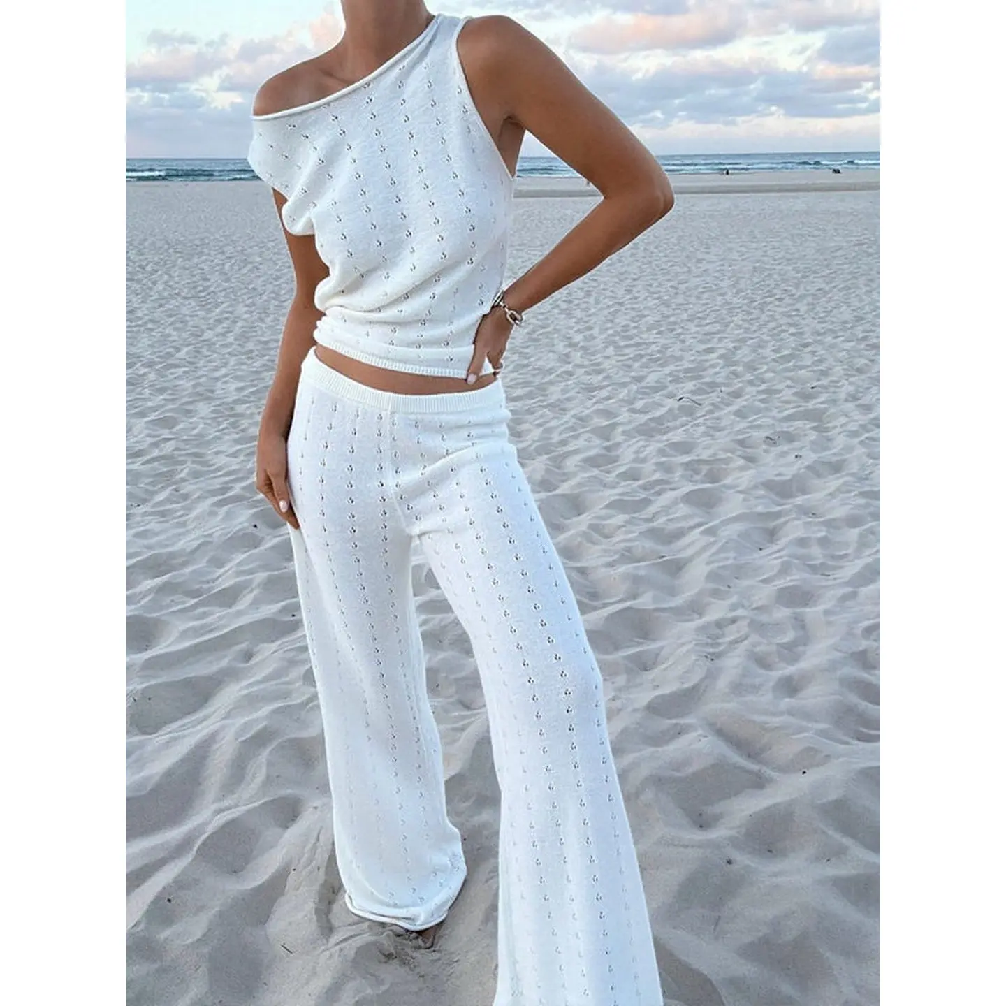 

Sleeveless Tank Top Pants Set Casual Knitted Embossed Women's Leisure Sportswear Winter Season Fashion Female Outfit