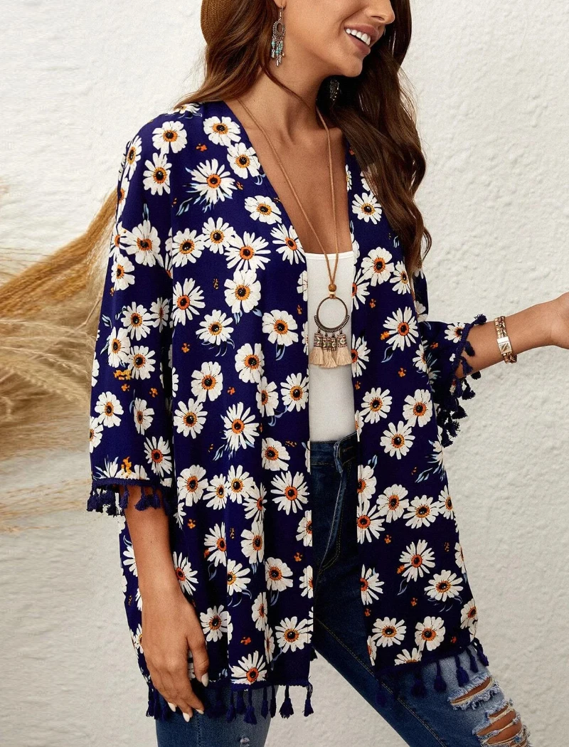 Summer Women Fashion Floral Printed Blouses Shirts Boho Style Three Quarter Sleeve Tops Ladies Basic Chic Top