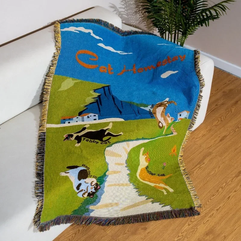 Cute Cartoon Dog Sofa Throw Blanket Wall Docor Tapestry Cotton Woven Sofa Cover Portable Multifunctional Outdoor Camping Blanket