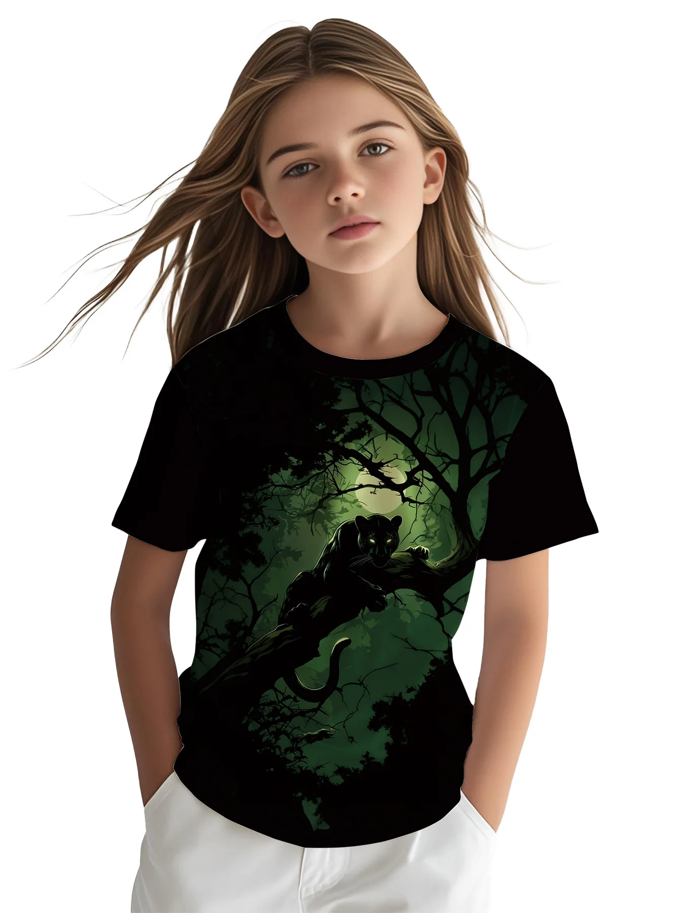 Kids Crew Neck T-Shirt, All Over Printed Night Forest Panther, Girls Fashion Wild Animal Short Sleeve Tee