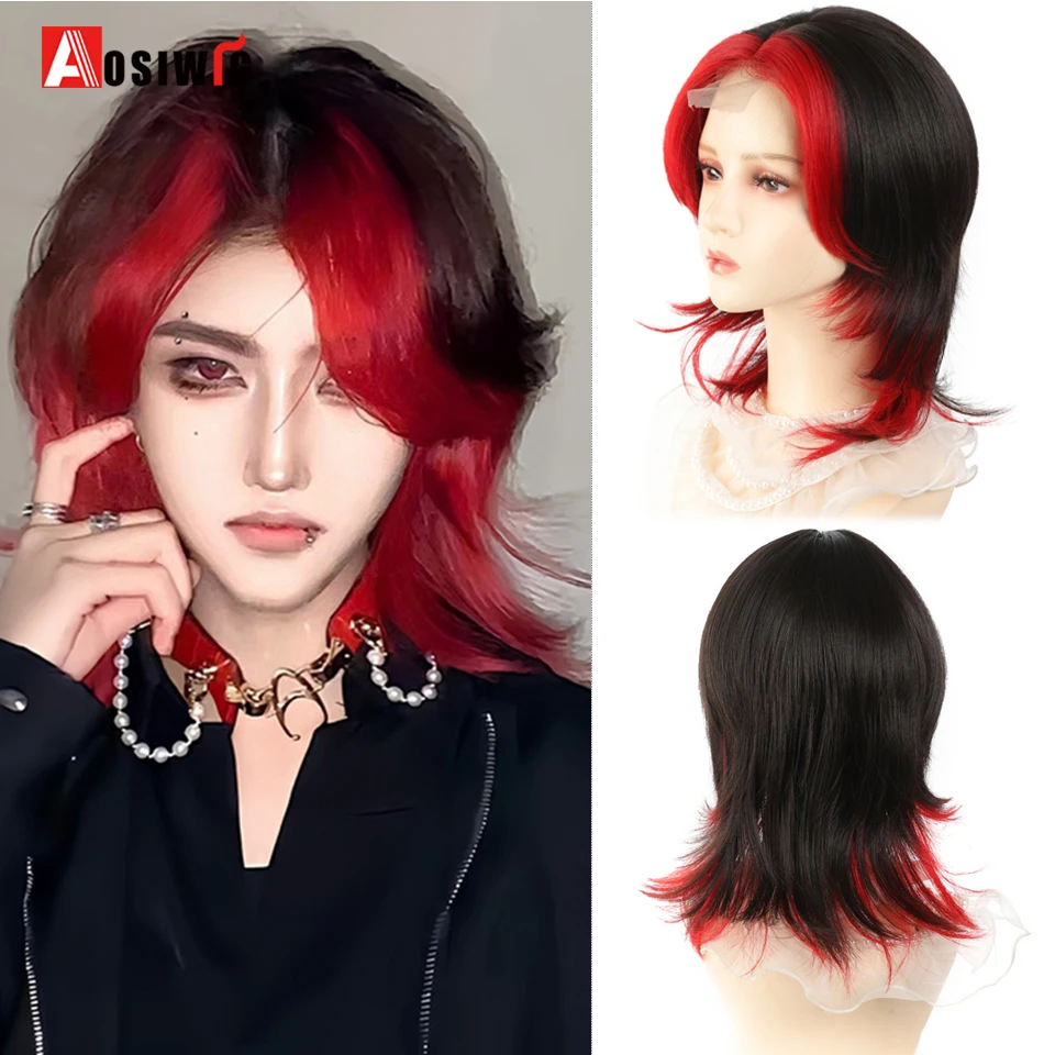 Synthetic Middle Score Cosplay Wig Mullet Head Wig Natural Black Red Gold High Quality Wig For Boy Short Short Straight Wolf Tai