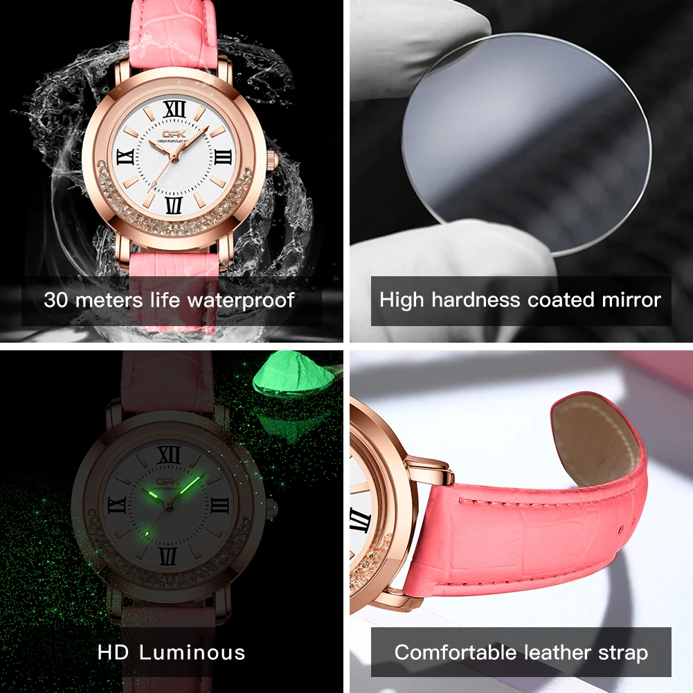 Orologio al quarzo da donna con scala per unghie reale a tre pin impermeabile di marca OPK 8611